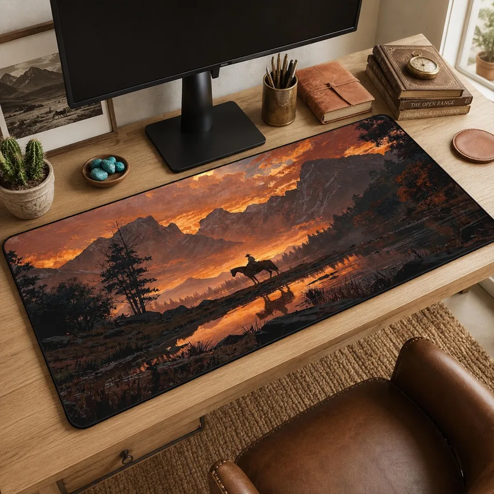 Fire Sky Cowboy Desk Mat, Desert Art Mouse Pad, Western Office Decor accesorios escritorio gaming room decoration