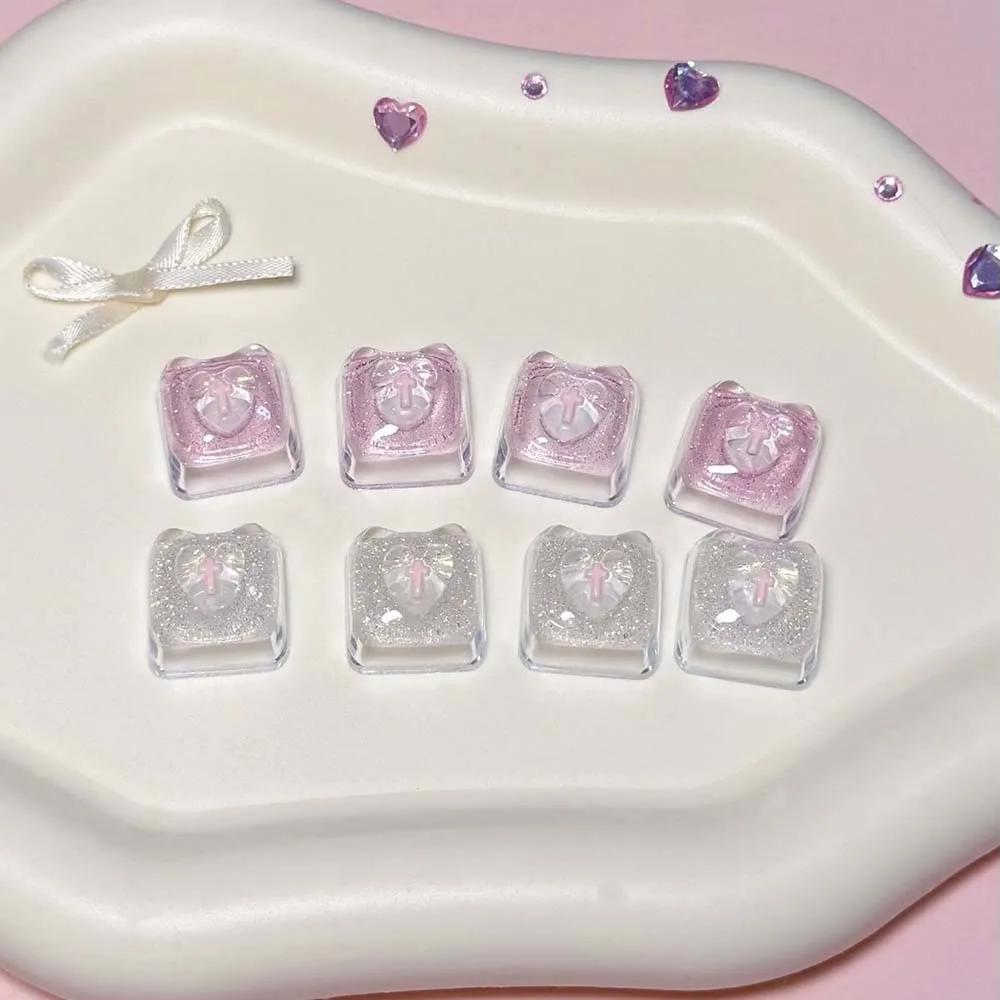 4Pcs Raised Heart Resin Keycaps for Long Nails Clear Ice Cube Keycap Mechanical Keyboard Cute Kawaii Decor Keycap Gift for Girls