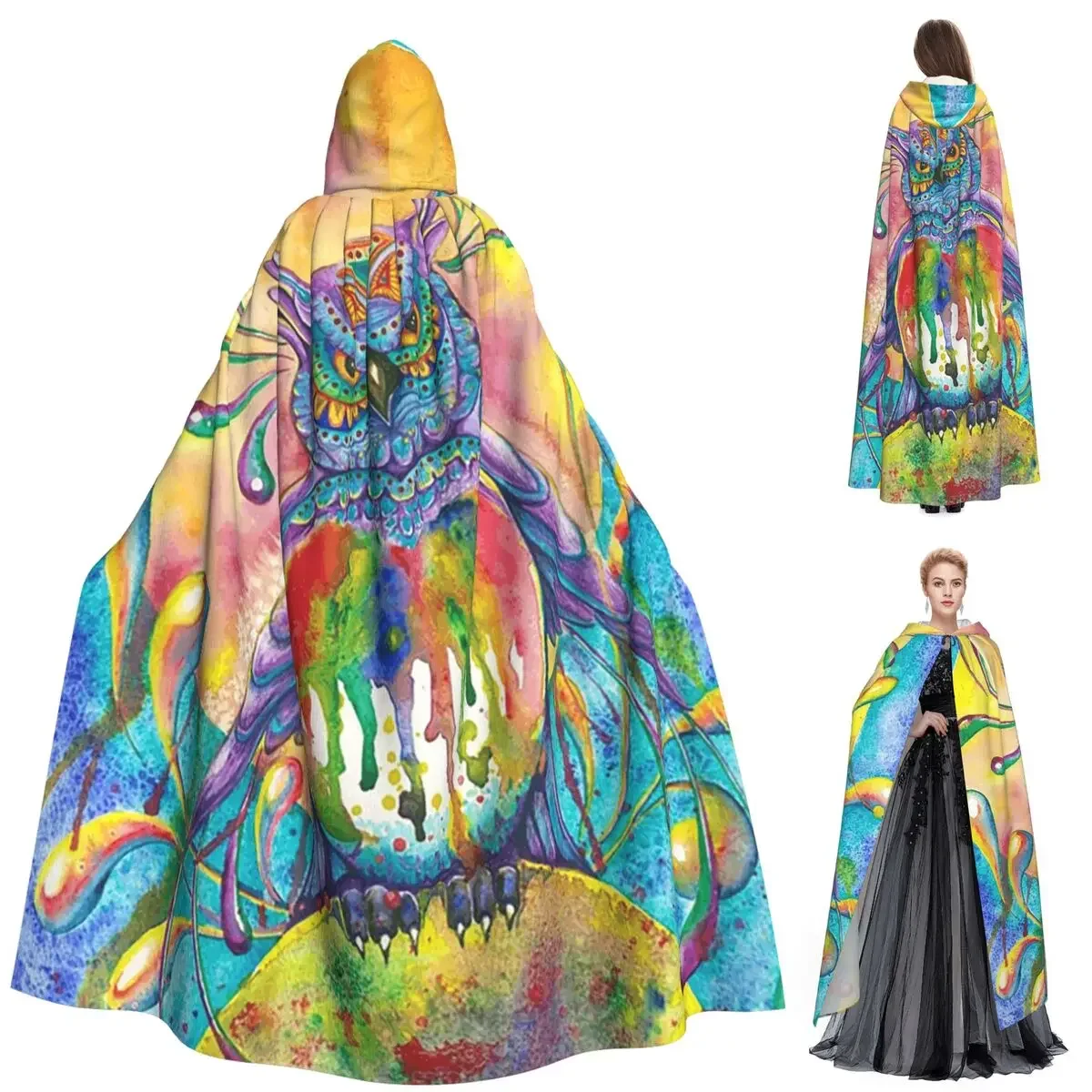 Custom Night Owl Long Hooded Cloak Witch Medieval Costume Cosplay Cape HalloweenParty Adult Unisex