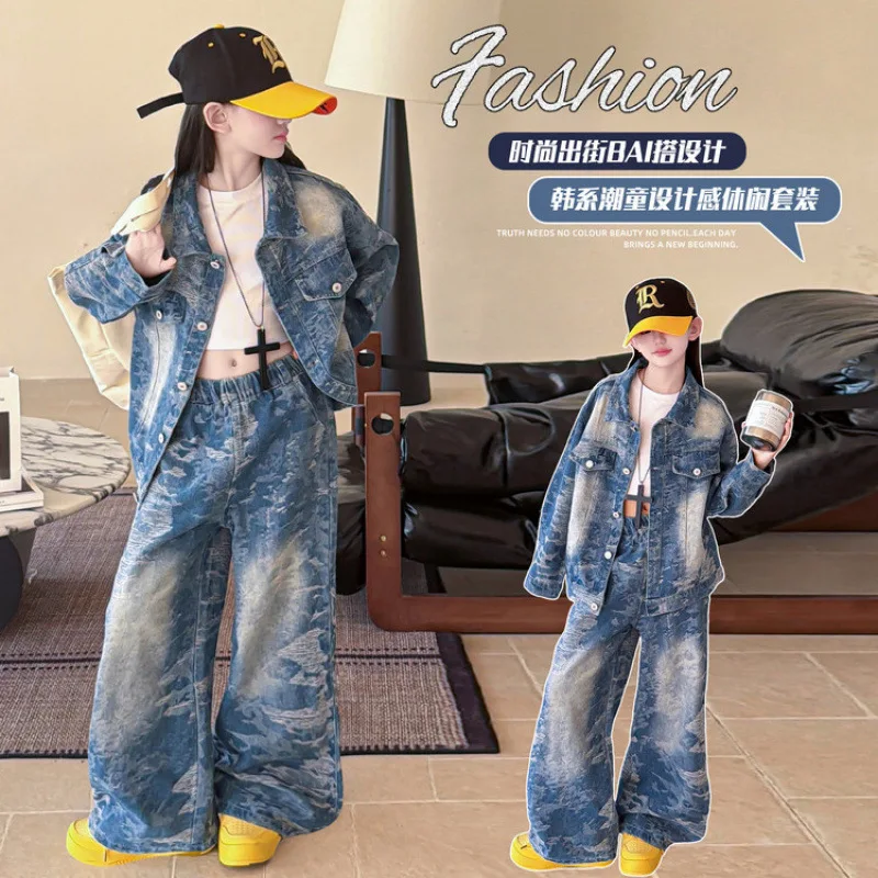 Spring/Autumn Retro Teen Girls Cowboy set Korean sanding denim jacket+wide-leg pants 2pcs junior kids clothes suit child outfits