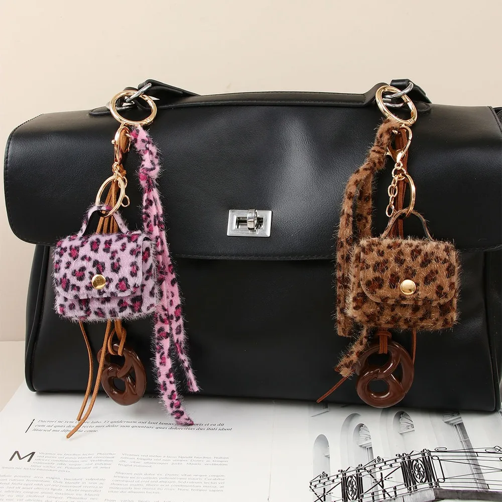 Mini Bag Charm Leopard Print Fuzzy Purse Keychain Earbud Pouch Small Item Storage Clip On Handbag Backpack Accessory For Women