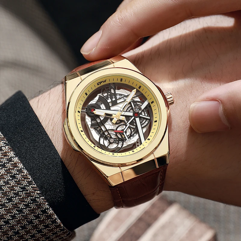 นาฬิกาข้อมือควอตซ์ผู้ชายแฟชั่นสุดฮิต TPW ดีไซน์โครงกระดูกสีทอง หรูหรา พร้อมฟังก์ชั่นวัน สาย PU