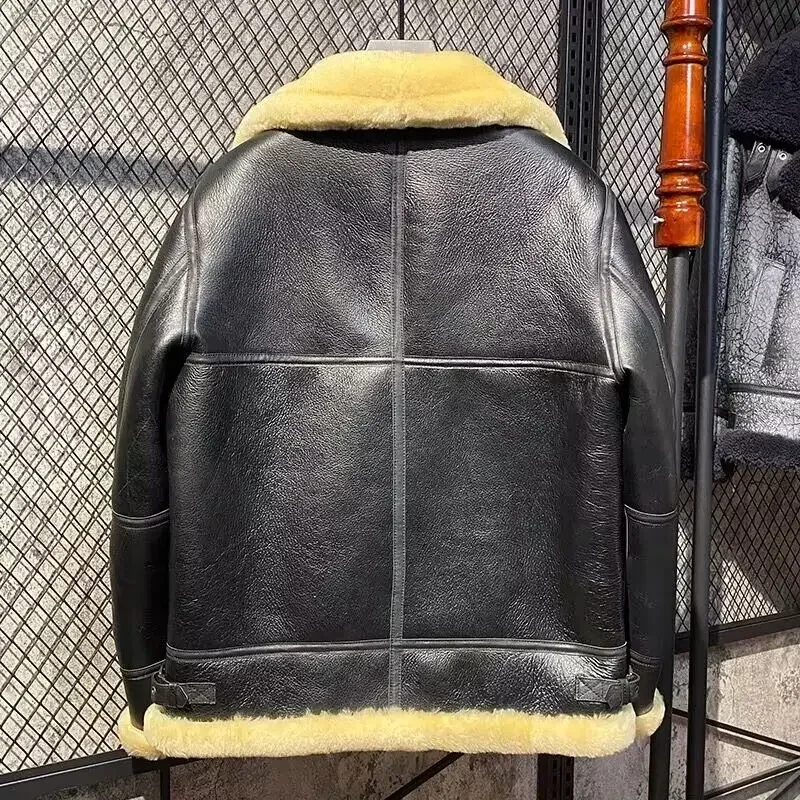 New Winter 2024 Men Genuine Sheepskin Shearling Leather Coat Pilot Jacket B3 100% Wool Liner Real Raccoon Hooded Black XXXXXXXL