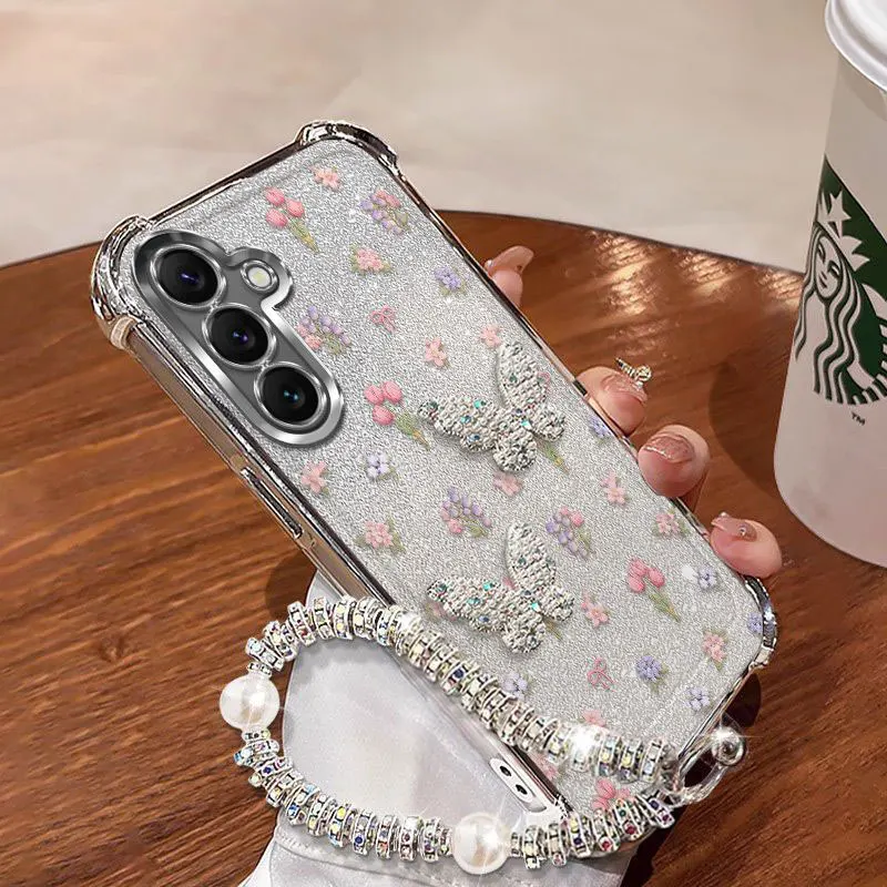 Shockproof pearl Butterfly Phone Lanyard Case For Samsung galaxy A57 A55 A15 A35 A25 A54 A34 A14 A13 5G Cover Case with bracelet