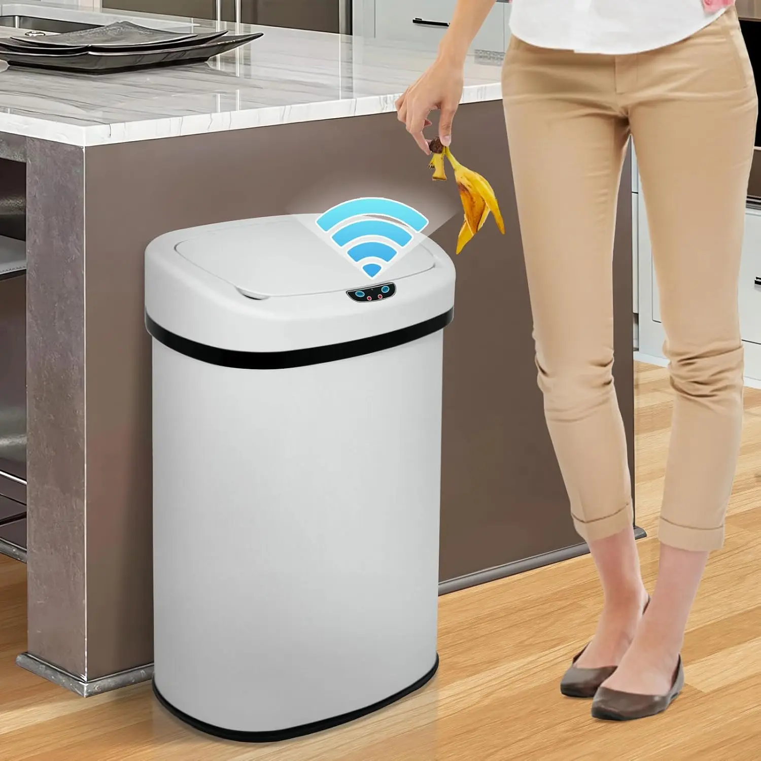 

Touchless Trash Can, Stainless Steel, White, Sensor-Operated, Odor Control, Waterproof