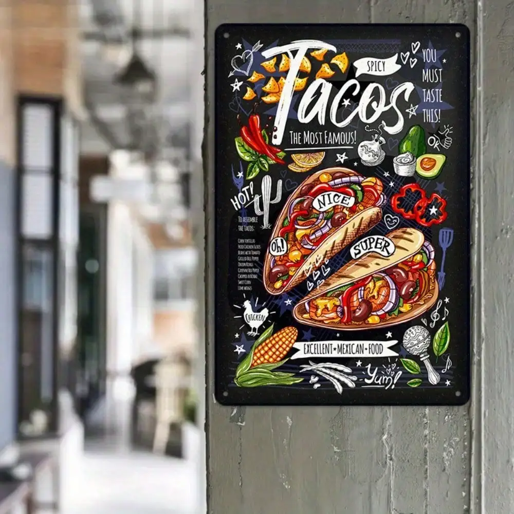 

1 шт. жестяная вывеска Tacos-острая иллюстрация тако для кухни/бара, 8x12 дюймов/20x30 см