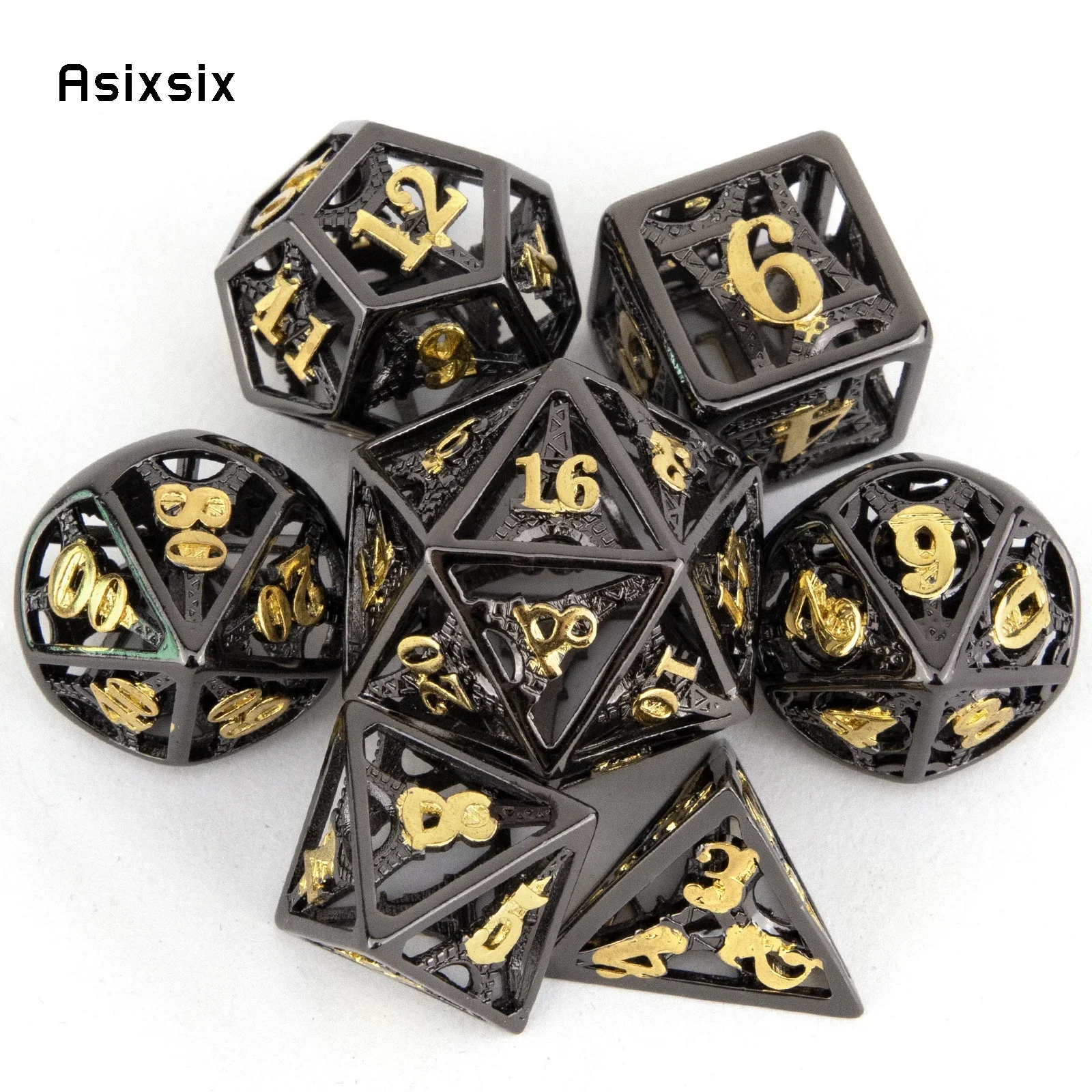 

7 Pcs Black Golden Tower Metal Dice Hollow Metal Polyhedral Dice Set Suitable for Role-Playing RPG Board Game Card Game