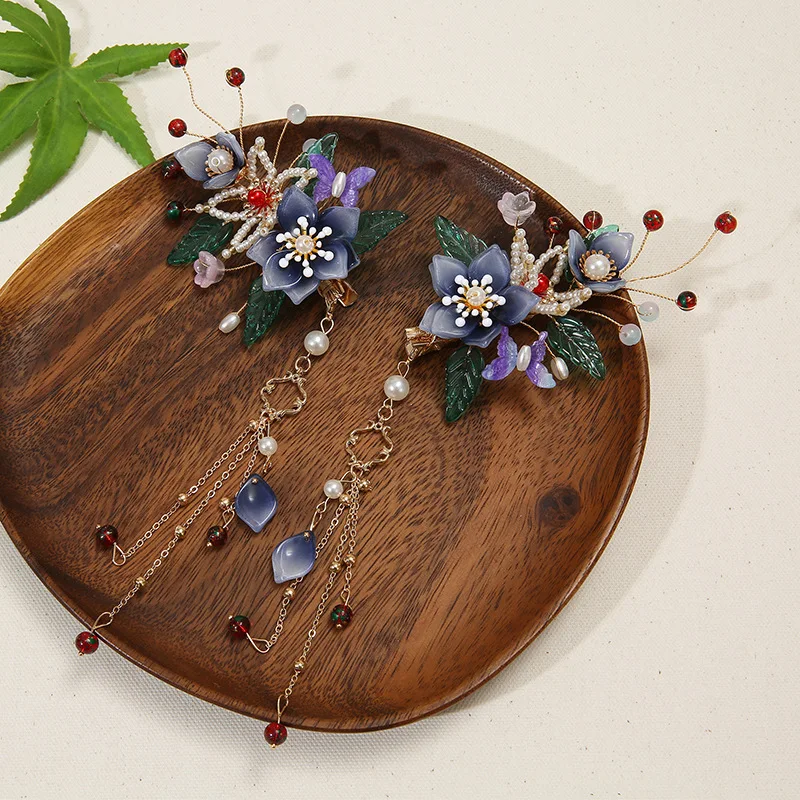 Tassel Hair Clip 2PCS Chinese Style Hairpin For Girl Hanfu Decor Pearl Fringe Tiaras Fairy Flower Barrettes Vintage Hair Jewelry