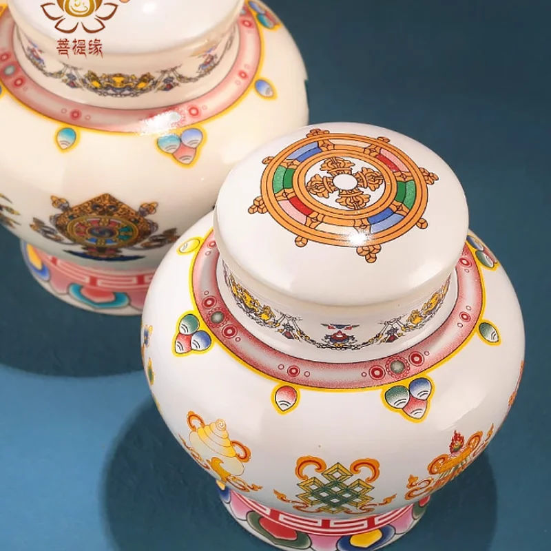 Tibetan Eight Auspicious Ceramic Treasure Vase with Lid Dragon King Wealth God Bottle Home Altar Decor Storage Jar Ornament