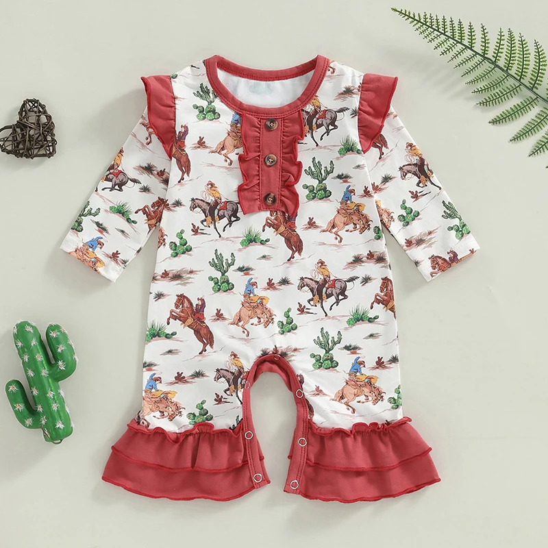 New Baby Girls Long Sleeve Romper Western Cowboy Print Flared Jumpsuits For Newborn Infant Toddler Cute Clothes 0-18 Months