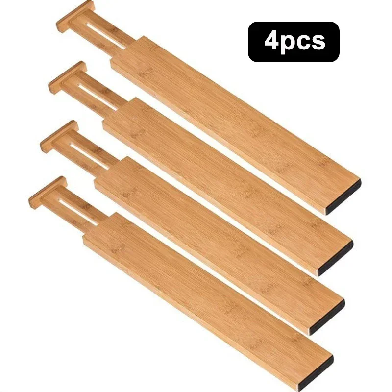 4Pcs Bamboo Drawer Dividers Bedroom Kitchen Drawer Storage Adjustable Expandable Drawer Dividers for Cupboard Cabinet Wardrobe