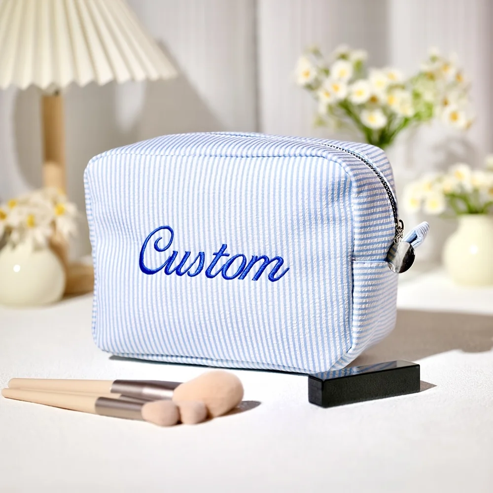 Embroidered Name Seersucker Makeup Bag Personalized Closure Toiletry Pouch Vacation Personalized Souvenir Gift for Loved Ones