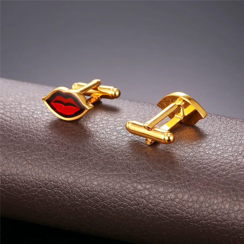 أزرار أكمام شفاه حمراء من الفولاذ المقاوم للصدأ باللون الذهبي للرجال والنساء أزرار أكمام أنيقة هدية مجوهرات للجنسين #2