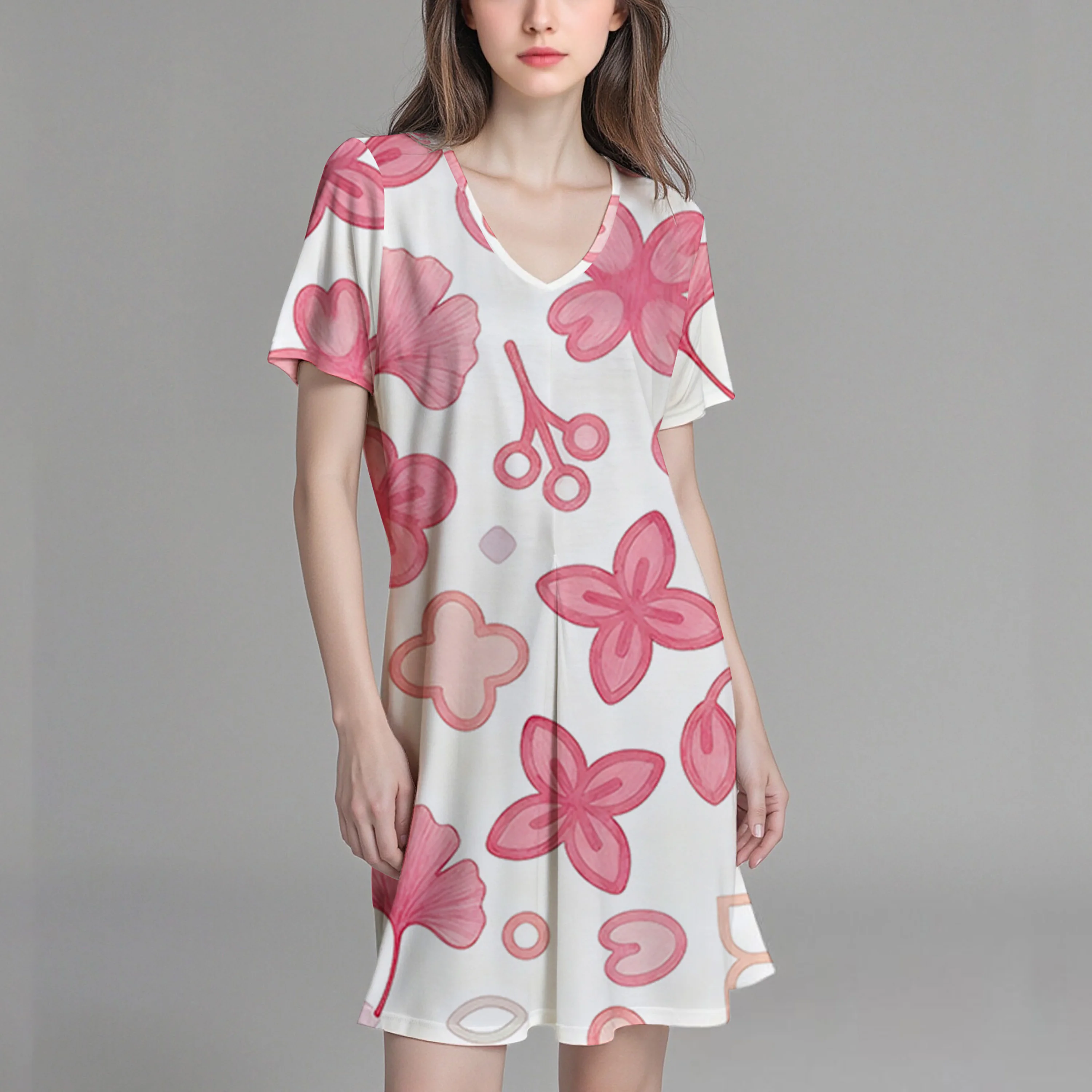 レディースVネック半袖ワンピース、プリント柄入りレディースTシャツ、やや伸縮性のあるカジュアル生地