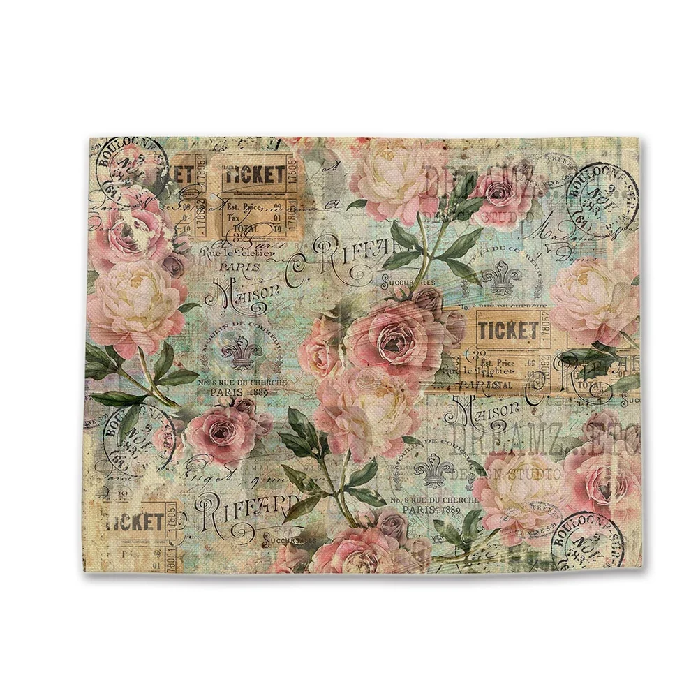 Pink Shabby Chic Vintage Flower Rose Placemat Decoupage Stamperia Coaster Linen Table Xmas Decor Pad Bowl Coffee Cup Mat 45x32CM