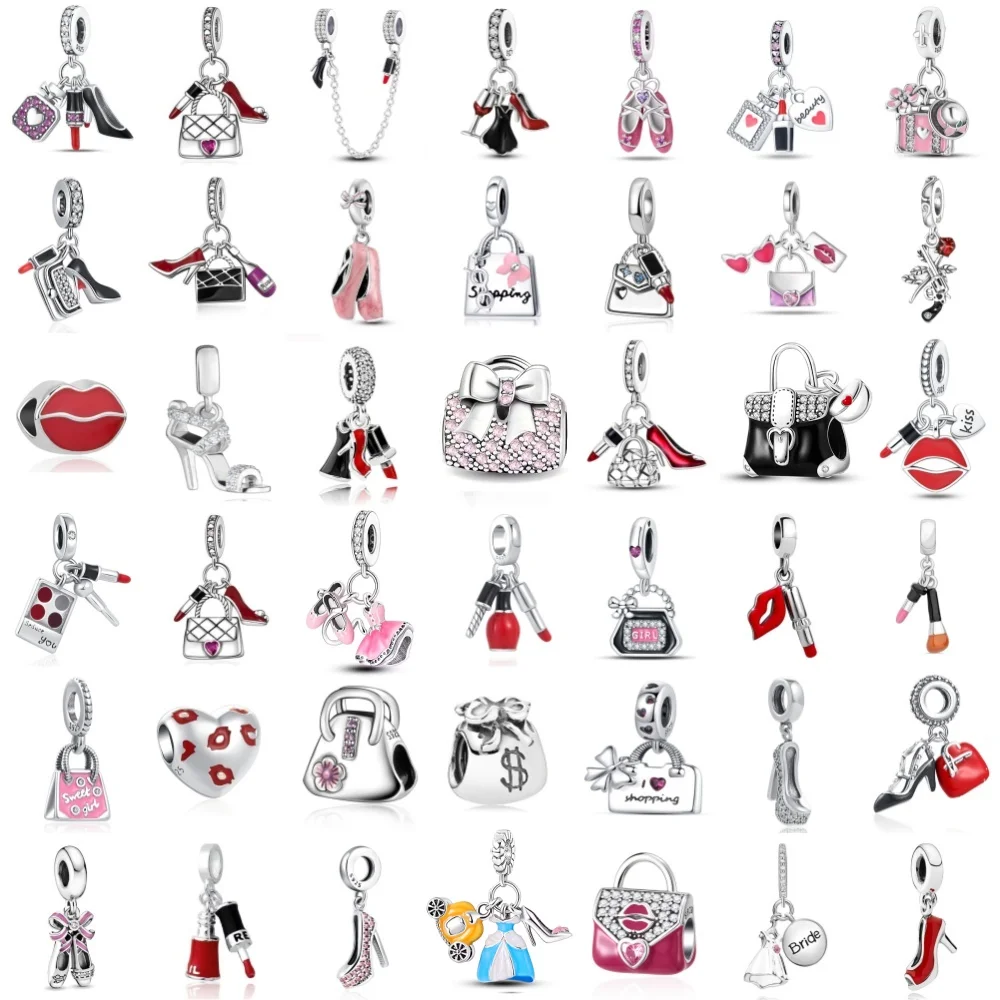 925 Silver Beads Red Bag high heels lipstick Charm skirt Pendant Fit Original Bracelet Women Jewelry DIY Making Gift accessories