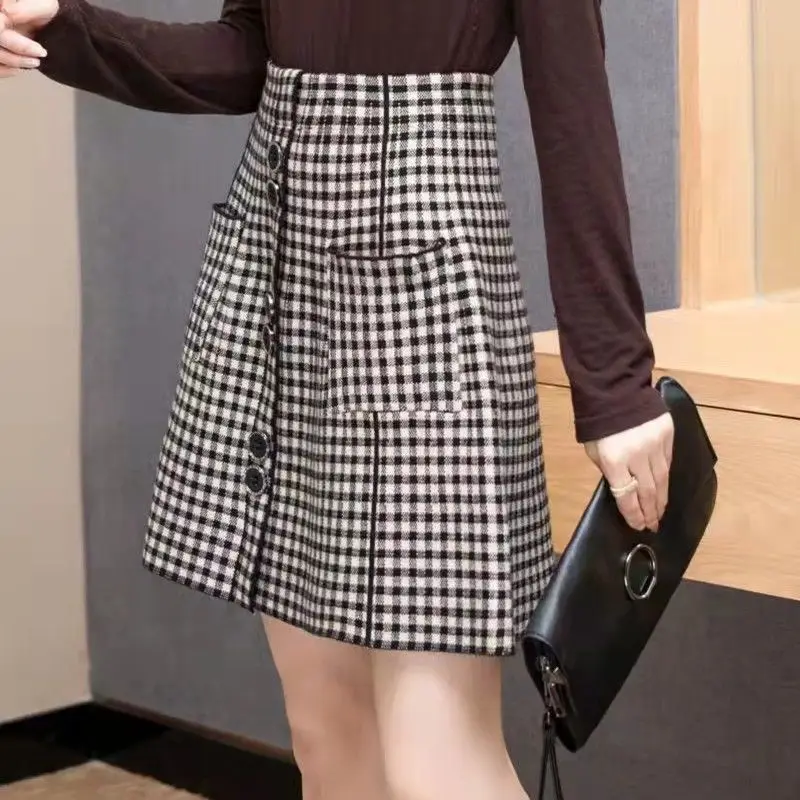 

Houndstooth skirt women 2023 spring and autumn new style high waist all-match A-line skirt casual knitted short skirt female