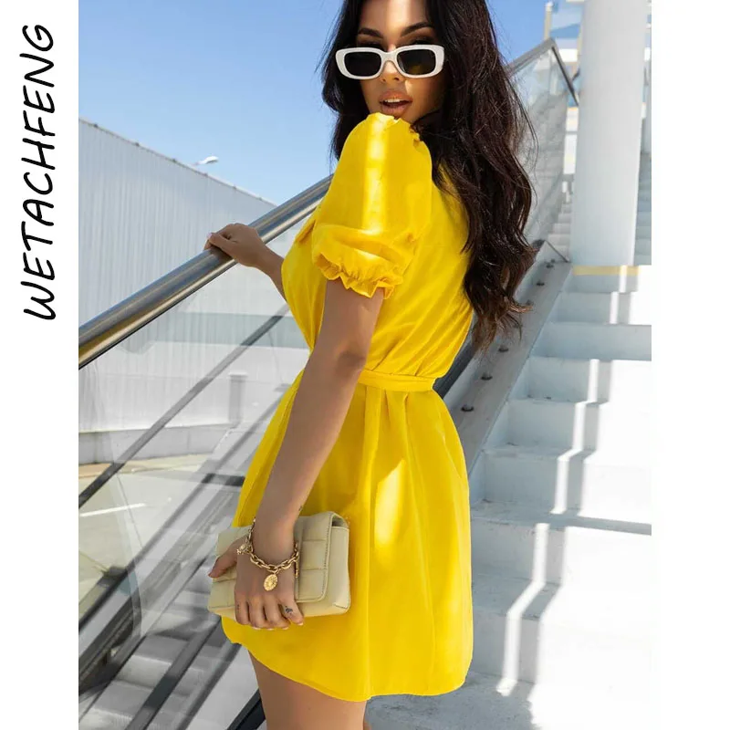 Women Dress 2022 Sexy Yellow Lace-Up Button Turn-down Collar Dresses Evening Party Beach Holiday Mini Vestidos Femme Clothes