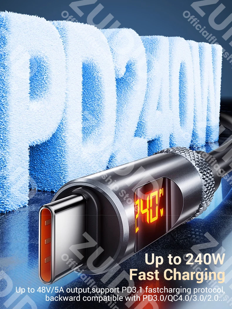 Display led pd240w usb c para cabo usb c para iphone 15 16 pro 5a cabo de dados tipo-c de carregamento rápido para macbook pro xiaomi samsung 2m