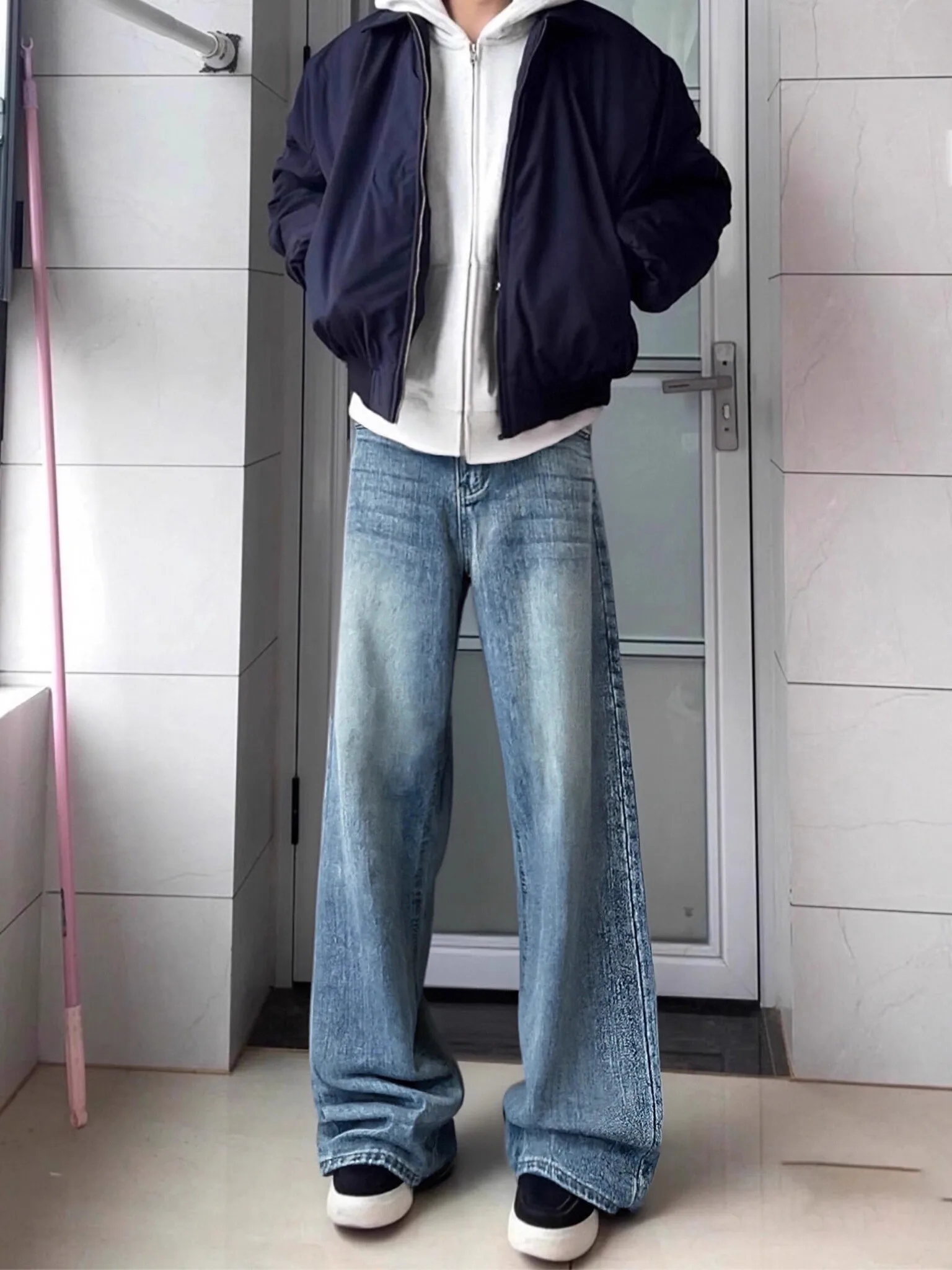 

Blue Fce Lined Denim Jeans Men's Winter Straight Leg Micro Flare Pants Cleanfit Casual Wear Resistant Stretch mid Waist