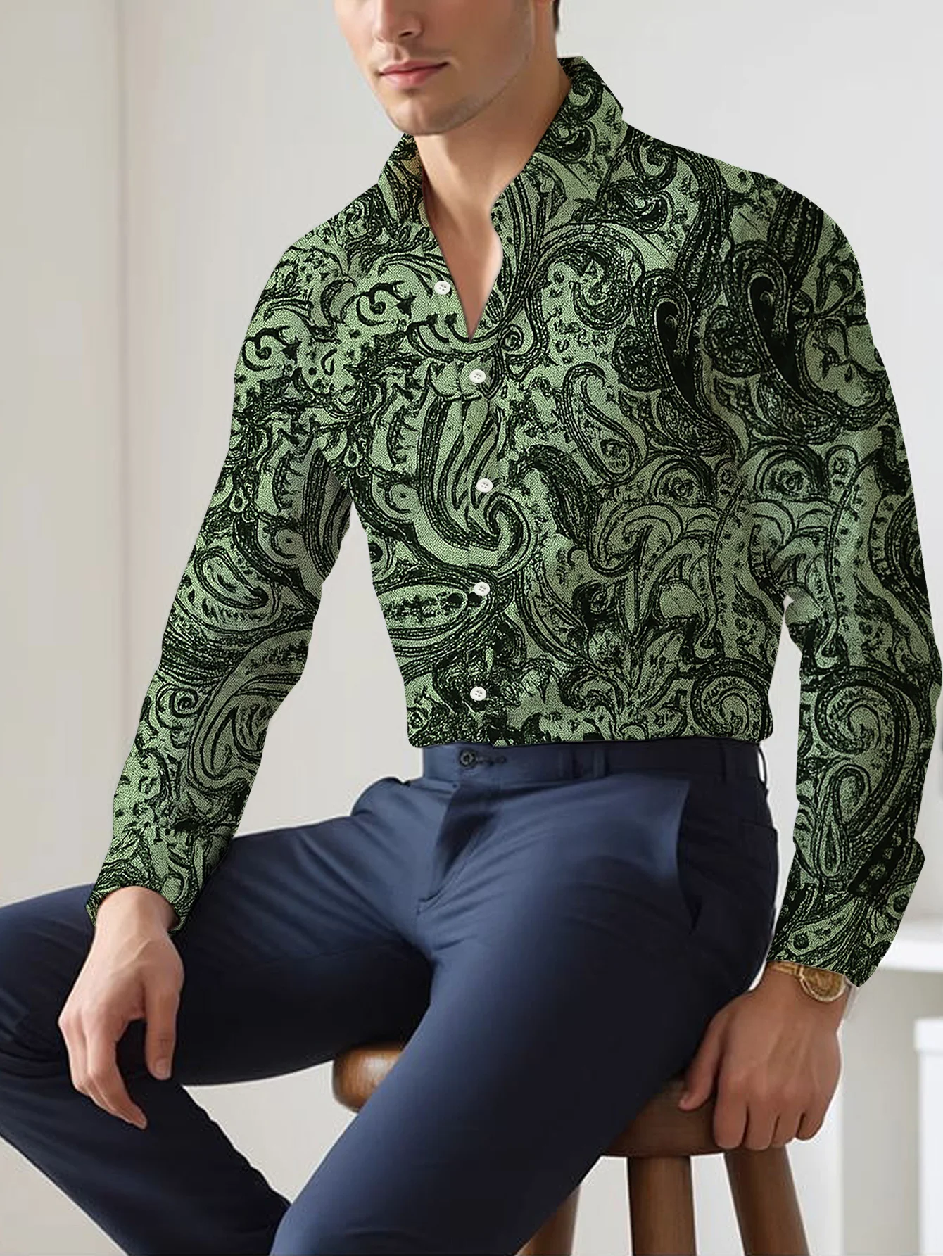 Men's Long Sleeve Shirt Vintage Green Paisley Print Retro Party Button Down Top Autumn Fashion Casual Men Clothing
