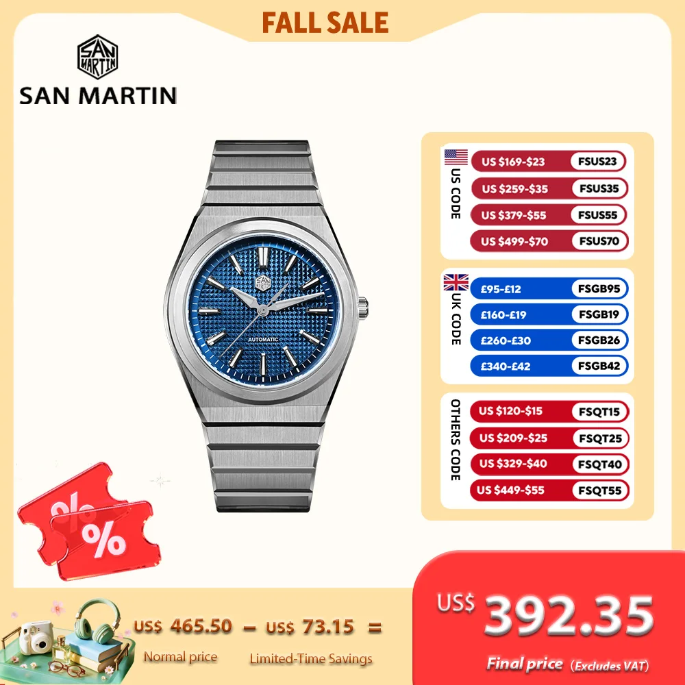 San Martin Neue 39mm Miyota 90S5 Herren-Armbanduhr 3D Waffel-Zifferblatt Integriertes Armband Transparentes Gehäuseboden 10Bar Leuchtend SN0152