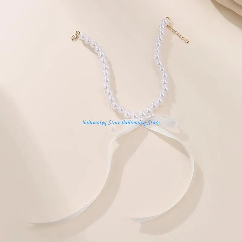 

573B Simple Ribbon Bowknot Charm Necklace Fashion Choker Jewelry Pearl Clavicle Chain