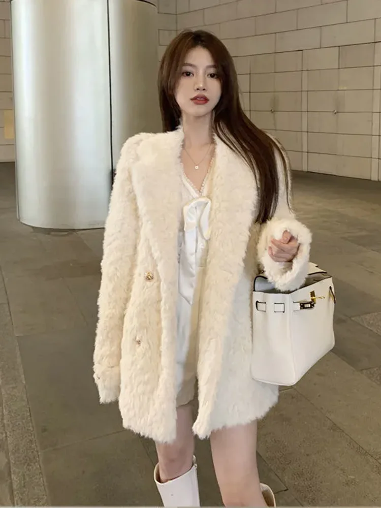 Korean Design Faux Fur Thick Jackets Tops Women Lapel Neck Double Breasted Chamarras Winter Warm Long Sleeve Solid Abrigos New