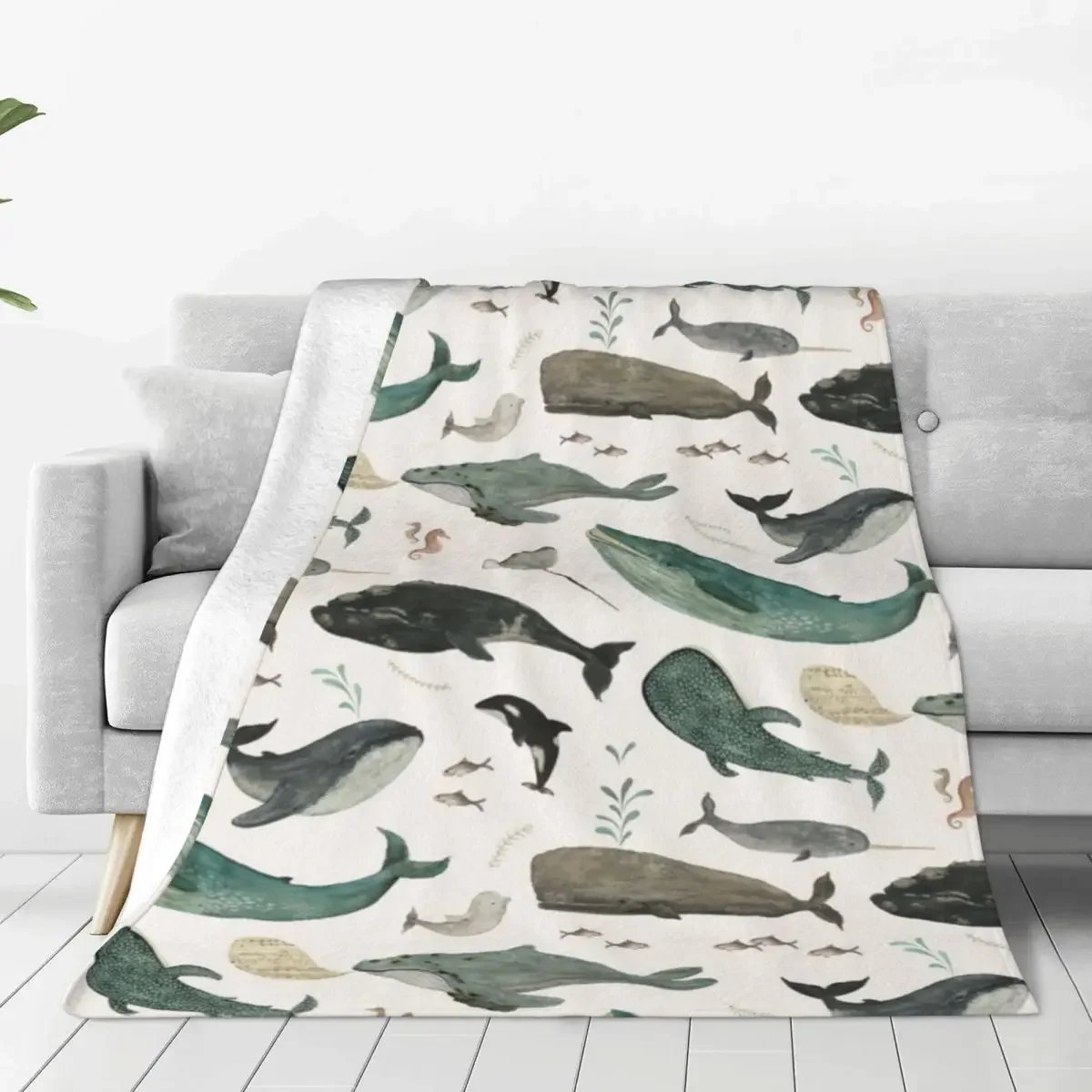 Whale Song Blankets Orcas and Narwhals Aquarelle Biology Flannel Funny Warm Throw Blankets for Bed Sofa Summer