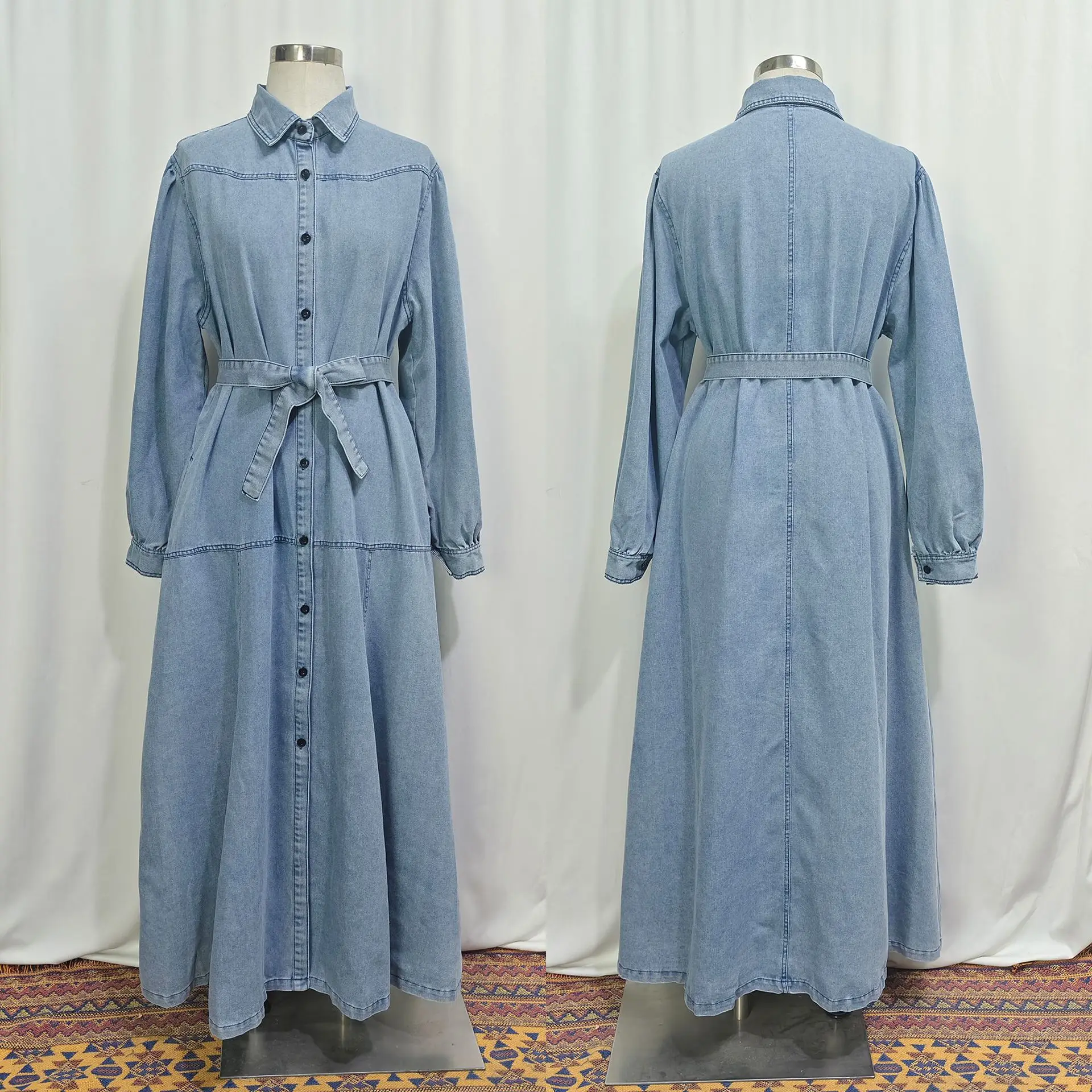 데님 드레스 여성 이드 무슬림 아바야 롱 드레스 잘라비야 싱글 브레스티드 모로코 두바이 아바야스 라마단 카프탄 이슬람 베스티도스