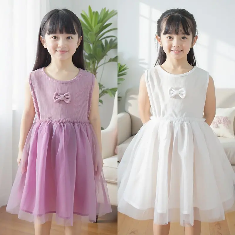 

2025 Summer Girls' Cotton Mesh Dress – Korean Style Sleeveless Princess Dress for 1-11 Years
