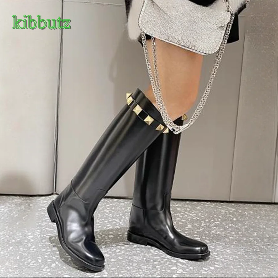 Studded Leather Straight Boots,Comfortable Round Toe Low Heel Knee High Boots Women Shoes Winter 2023 New Zapatos Para Mujere