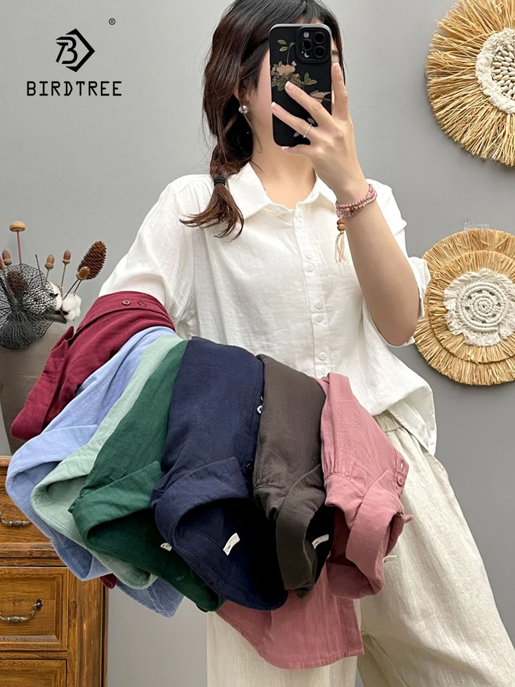 

New Spring Cotton Yarn Casual Solid Shirts Women Lapel Loose Sweet Blouses Girl Half Sleeve Commute Tops 2024 Summer T455140QC