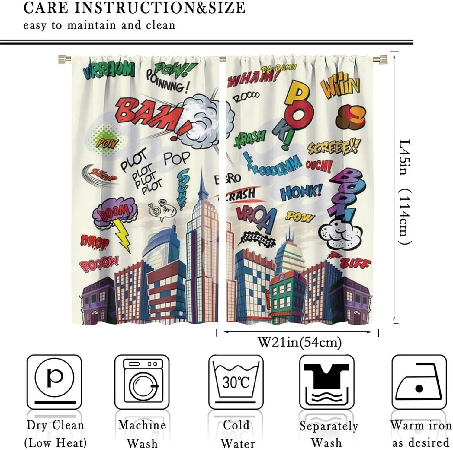 Pop Art City Onomatopoeia Curtain 2 Panels, Comic Sound Word Bubble Skyscraper Print Off White Teen Game Room Decor Curtain