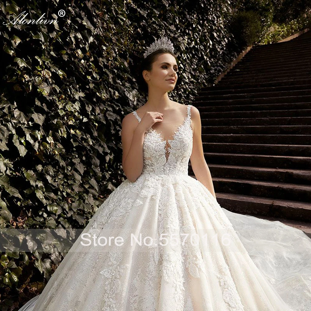 Alonlivn-vestido de novia de encaje bordado con perlas y abalorios, vestido de princesa con tirantes finos, vestidos de novia