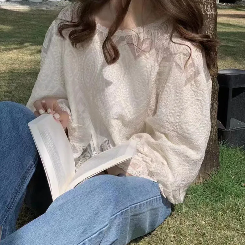 Women's Elegant Lace Blouse, Round Neck 3/4 Sleeve Ruffle Cuff Sheer Embroidered Top, Casual Daily Vacation Wear