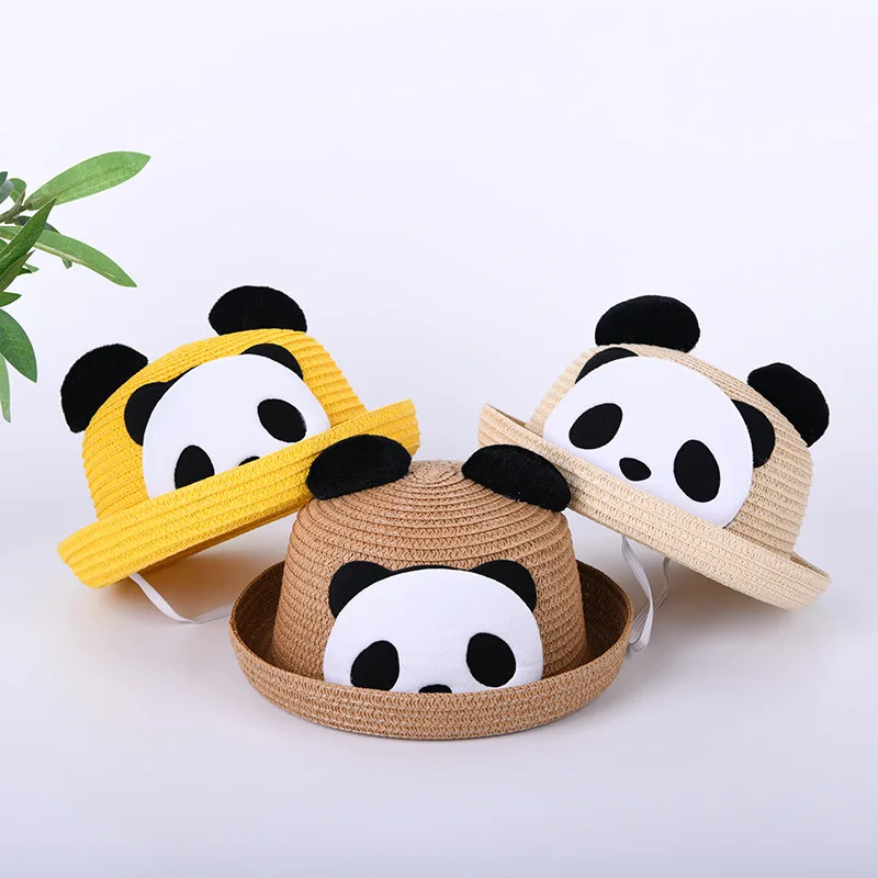 

Cute Panda Straw Hat For Travel Beach Kids Summer Sun Protection Fisherman Cap Children Sunscreen Basin Caps 2-6Year Baby Visors