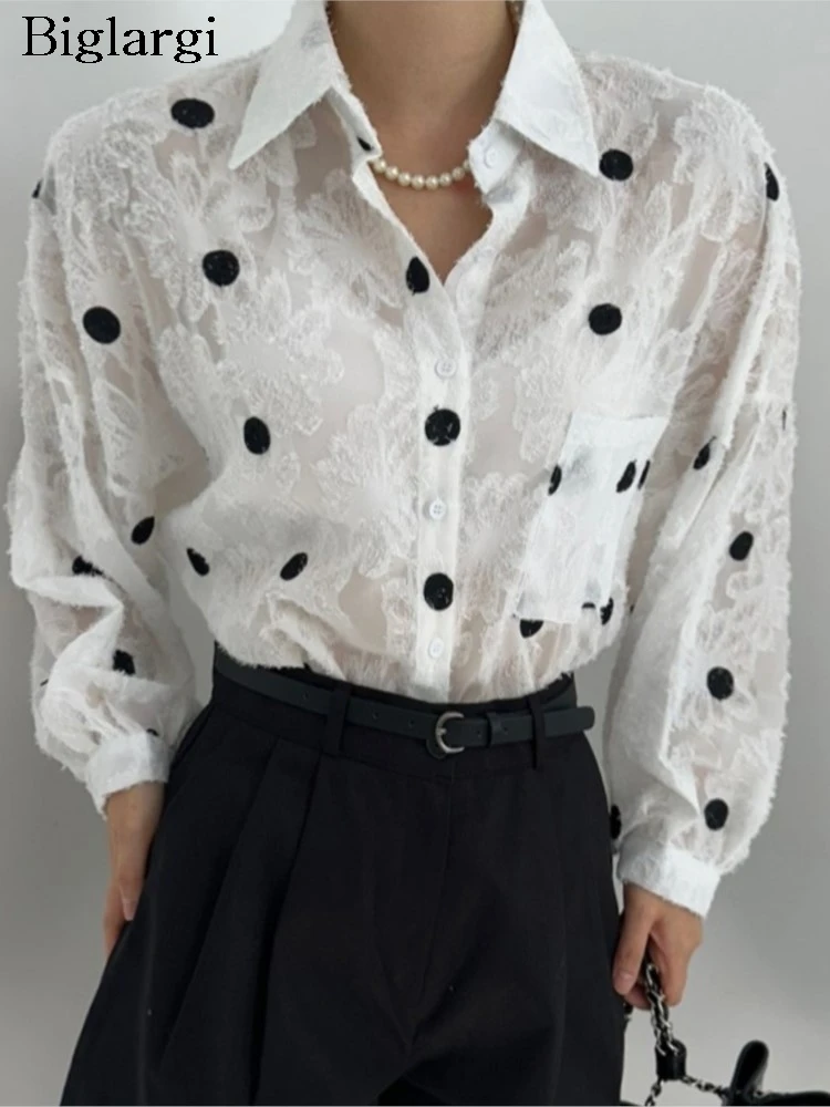 

Autumn Shirts Women Polka Dot Fashion See Through Sexy Ladies Blouses Loose Korean Style Woman Shirts Tops