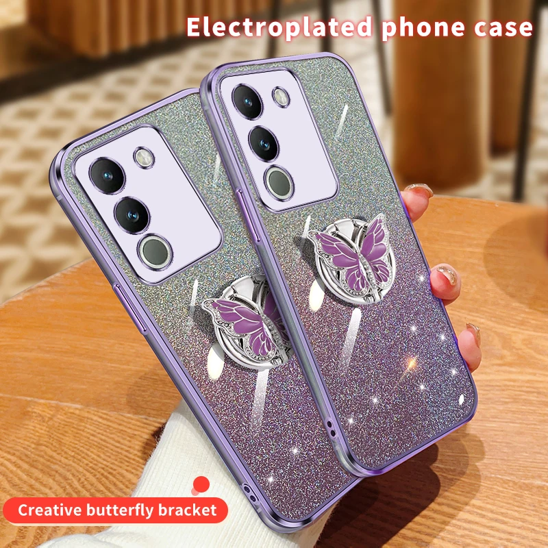 Y200 Y200e Cover For VIVO Y100i Y100t V29 Lite V29e V25 V21 V19 Neo V11i Gradient Butterfly Bling Folding Stand Plating Case