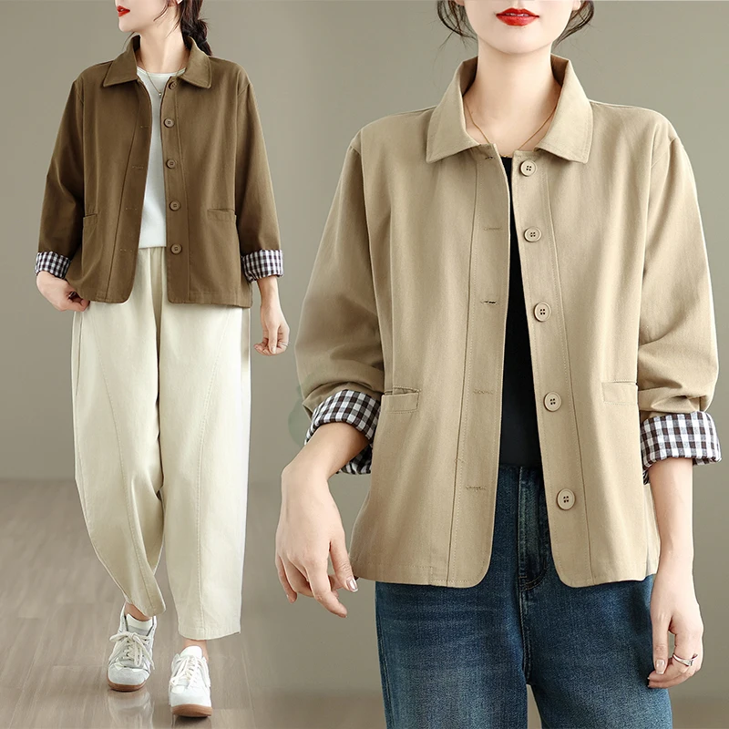 

Весенне-осенняя женская куртка: тонкая, модная, уникальная, красивая, в стиле «мама», из смесового хлопка, короткое пальто малого размера