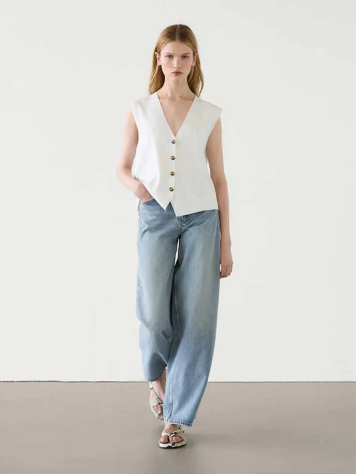 MD Dames Zomer 2025, Nieuwe V-hals Witte Ruis Afslanken Woon-werkverkeer Svel lectual Gebreid Open Vest Vest