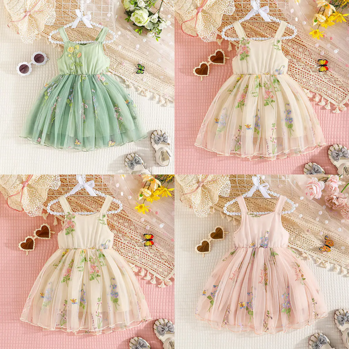 Kleinkind Prinzessinnenkleid Sommer Ärmelloses Blumen-Tüllkleid Baby Mädchen Blumen Besticktes Tüll-Spitzen A-Linien-Kleid