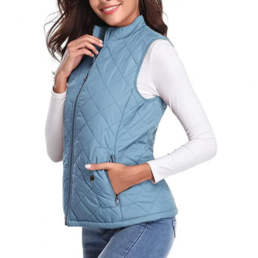 Women Coat Stand Collar Sleeveless Padded Zip-up Solid Color Heat Retention Waistcoat Cardigan Vest Coat for Daily Work Commutin