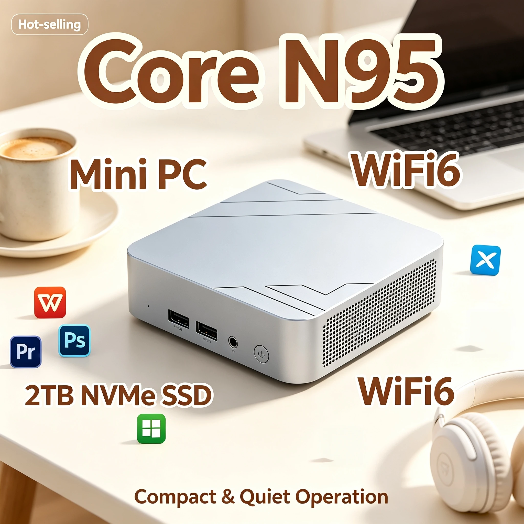Micro Mini Computer Intel N95 16GB DDR4 512GB NVMe SSD Triple 4K Video WiFi6 BT52 Silent Home Office Desktop Host