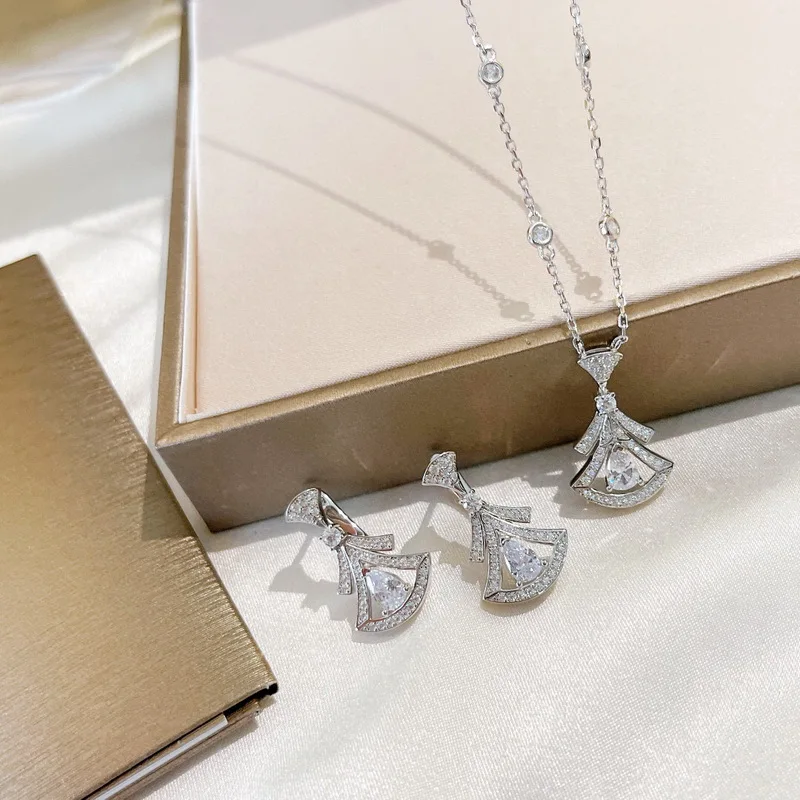 Fashion Women Lady Necklace Earrings 925 Sterling Silver Cubic Zircon Skirt Fan Shaped Pendant Plated Gold Color Jewelry Sets