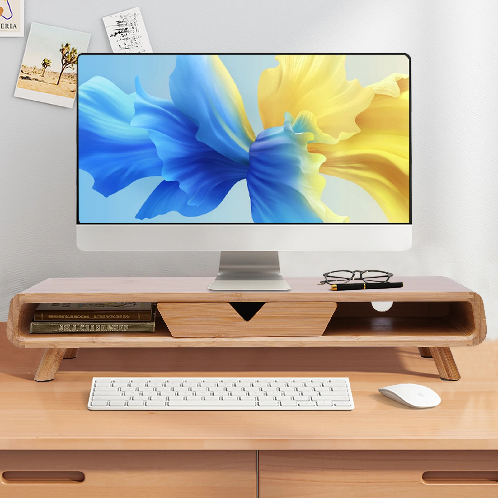 HarBin-Star Monitor Stand with Riser, for 1 Monitor Wooden Monitor Desk Stand with Drawer, Wooden Furniture Storage Boxes