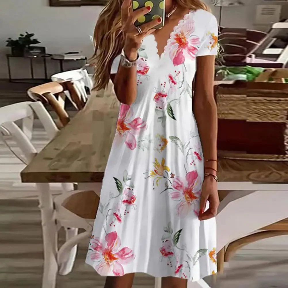 

Women Dress V-neck Lace Collar Large Hem Sweet Dress Vivid Flower Print Front Pleated Lady Dress Female Clothing Beach Dresses