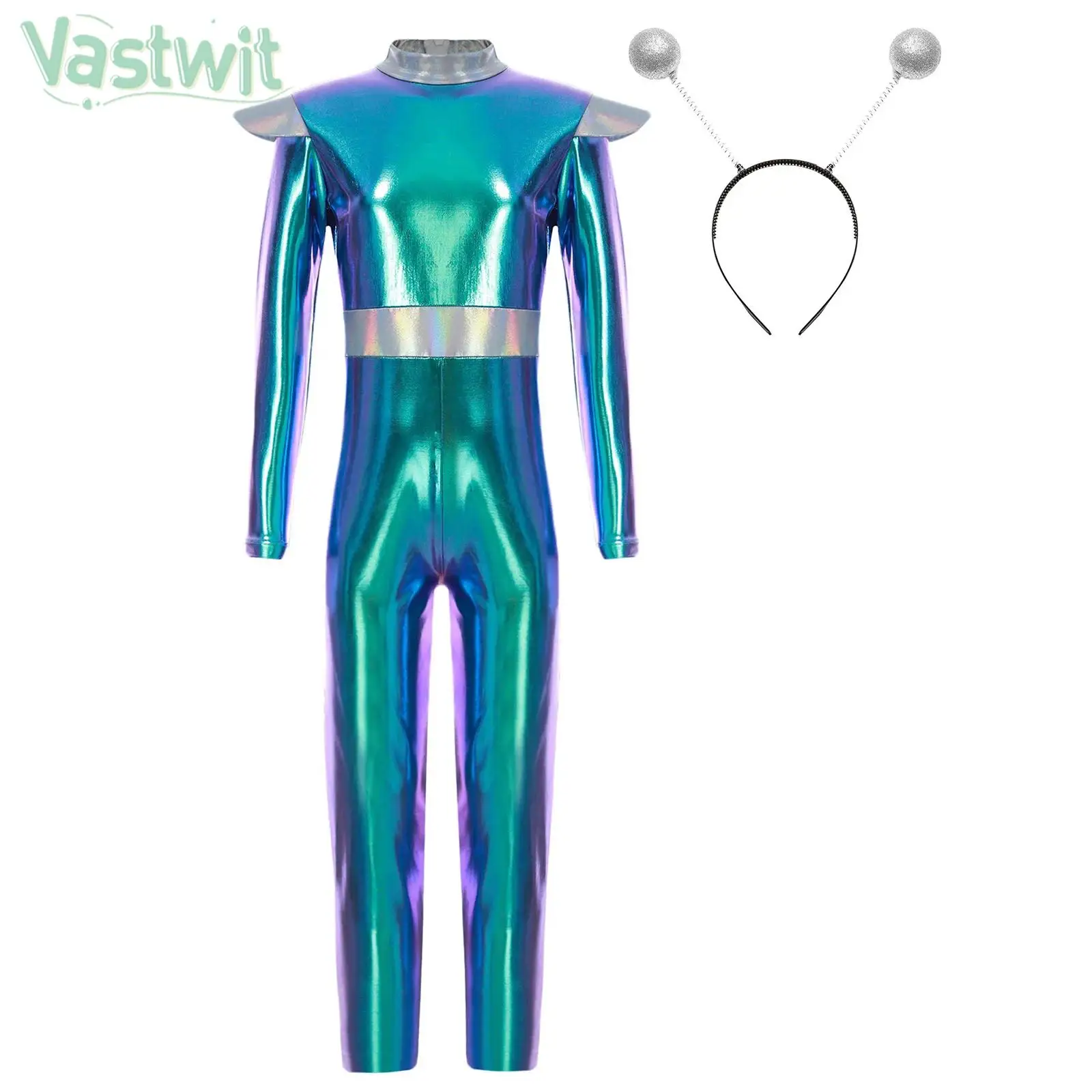 Kids Boys Girls Halloween Carnival Alien Cosplay Performance Costume Long Sleeve Metallic Shiny Space Jumpsuit with Hair Hoop