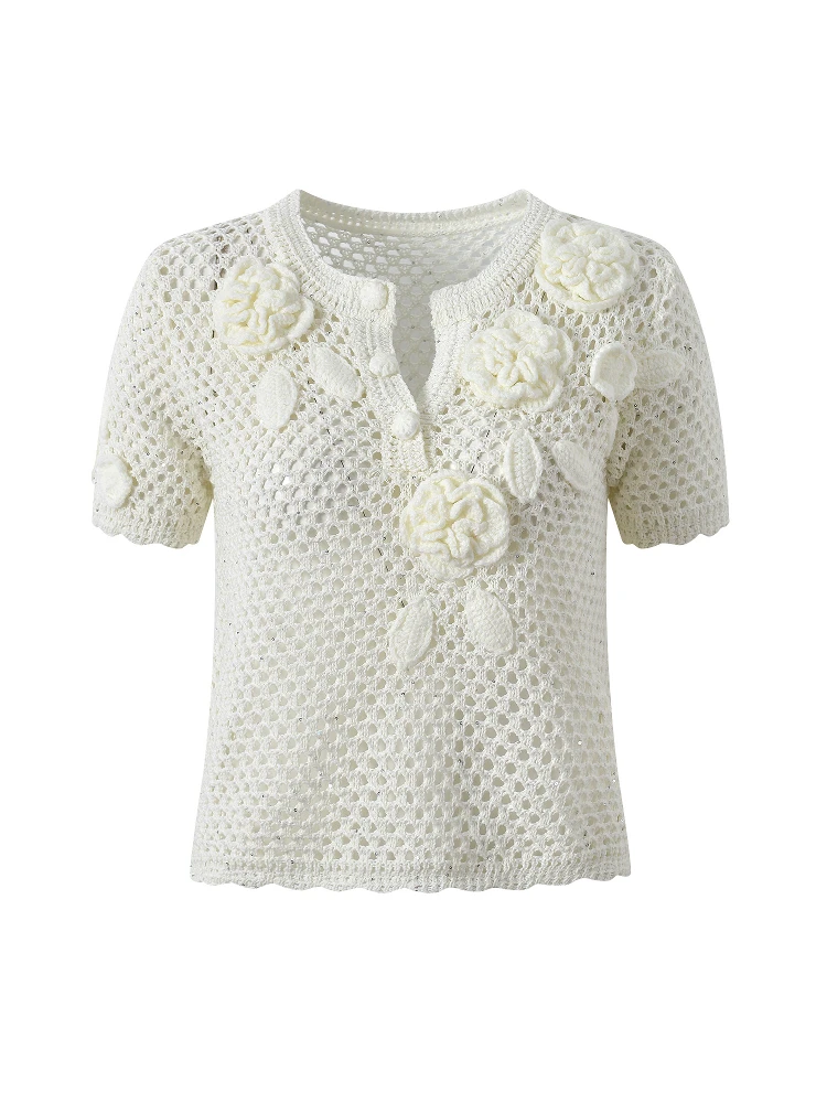 Luksusowy europejski kardigan dziergany z otwartym krojem, bogaty haft, ażurowy wzór z trójwymiarowymi kwiatami, uniwersalny.