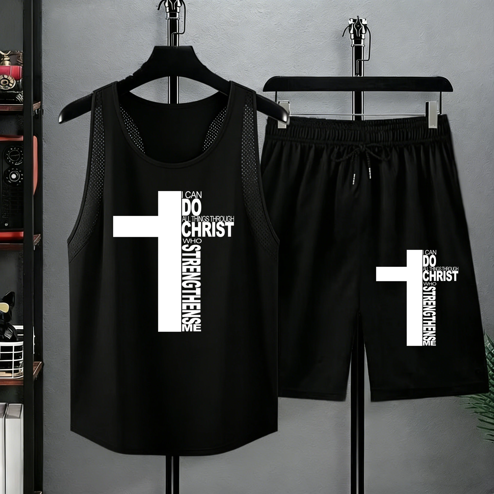 Christ Has Made Me Invincible Printed Summer Mens Comfy Tshirts Sets Running Casual Sportpants Mesh Daily Tank Top Beach Bottom